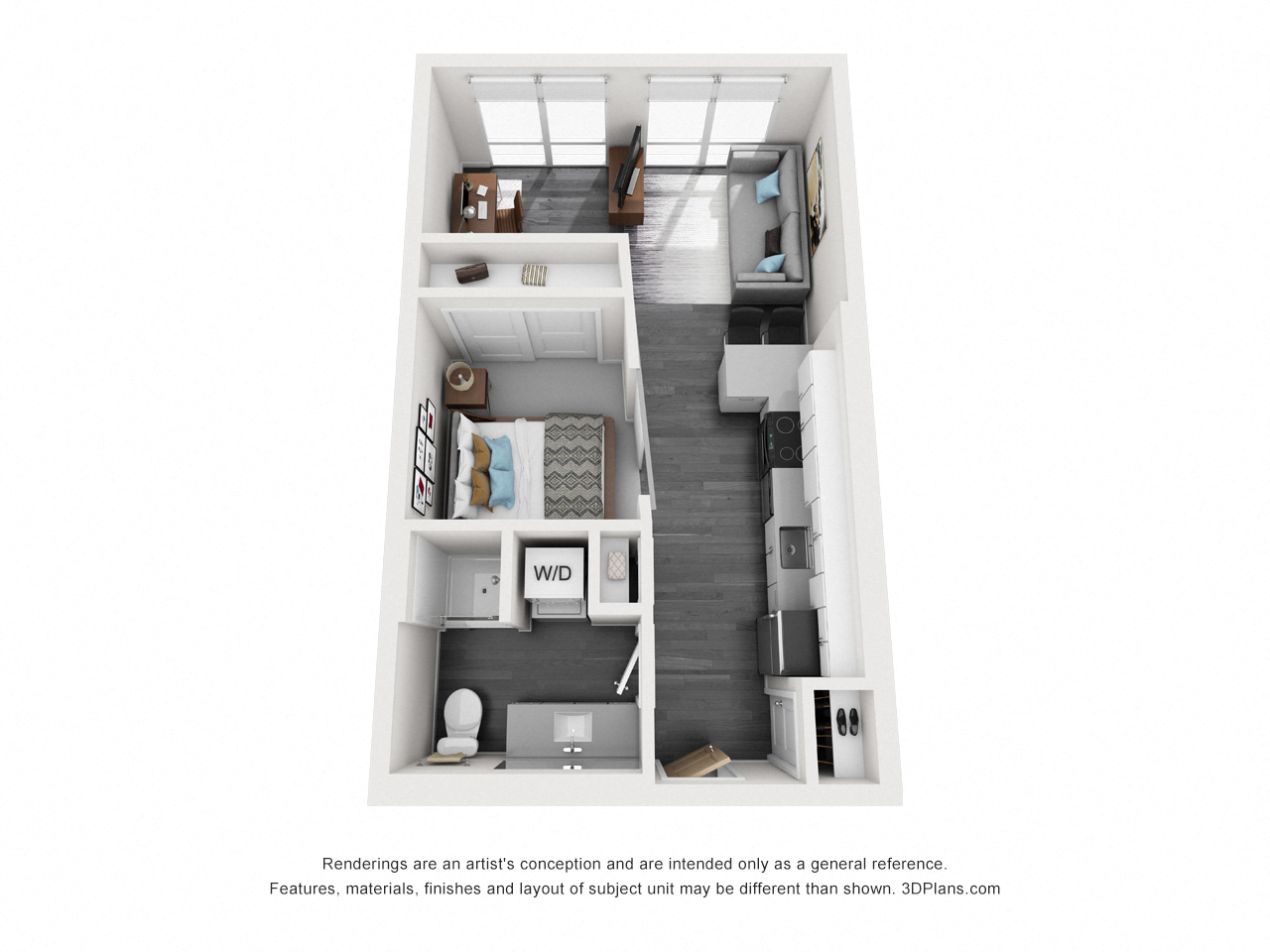 Floor plan for studio, 1 bath, 519 sqft